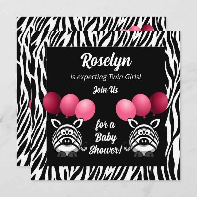 Invitation Baby shower des filles roses Zebra Twins (Devant / Derrière)