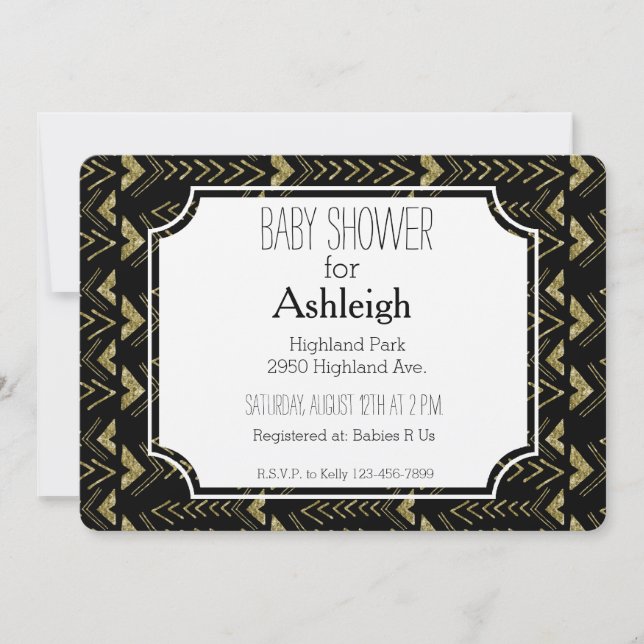 Invitation Baby shower des flèches de verre noir et or (Devant)