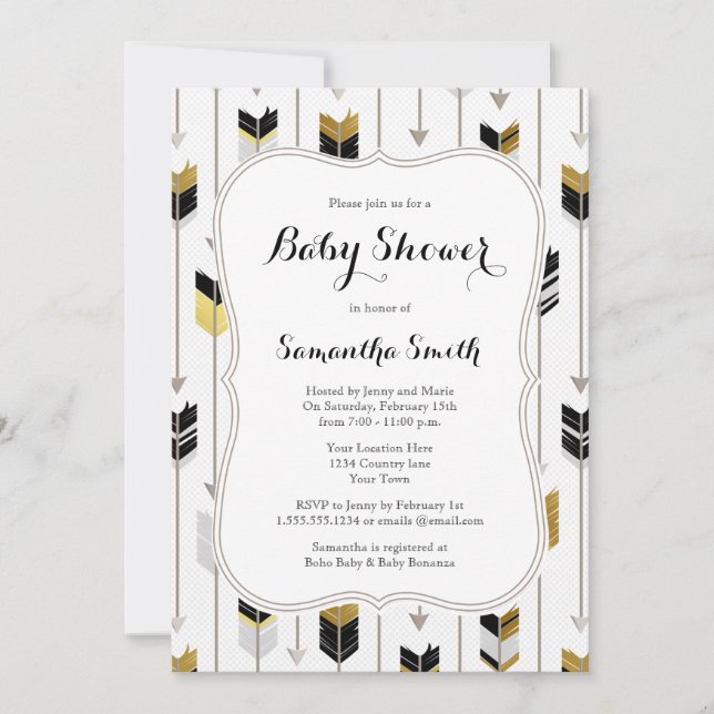 Invitation Baby shower des flèches tribal Black Gold Grey (Devant)