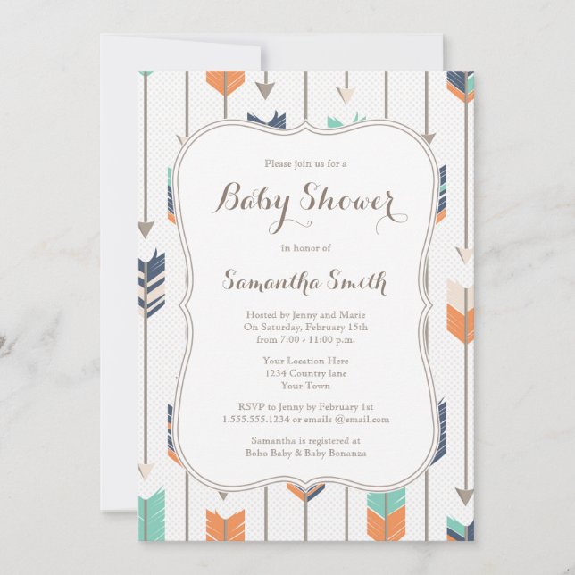 Invitation Baby shower des flèches tribales Marine Orange Tur (Devant)