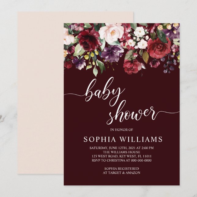 Invitation Baby shower des fleurs de Bourgogne (Devant / Derrière)