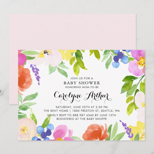 Invitation Baby shower des fleurs de printemps d'a (Devant / Derrière)