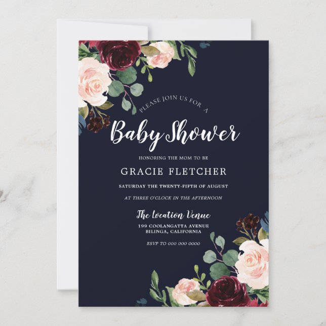 Invitation Baby shower des fleurs rouges de la Marine et de l (Devant)