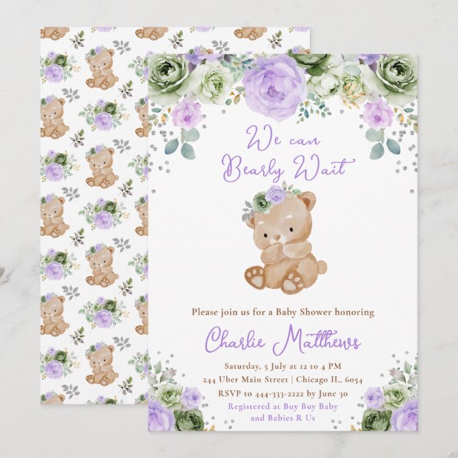 Invitation Baby shower des fleurs vert et violet de l'ours (Devant / Derrière)