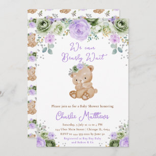 Invitation Baby shower des fleurs vert et violet de l'ours