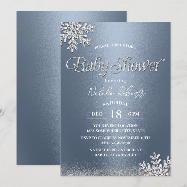 Invitation Baby shower des flocons de neige d'hiver moderne D (Devant / Derrière)