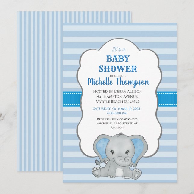 Invitation Baby shower des garçons Eléphant Bleu (Devant / Derrière)