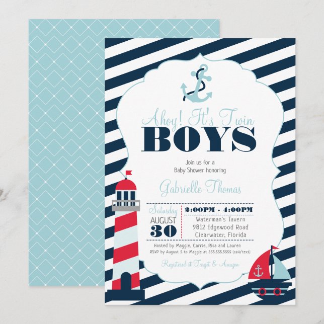 Invitation Baby shower des jumeaux bleus de la marine Ahoy (Devant / Derrière)