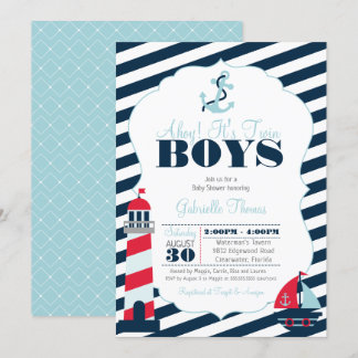 Invitation Baby shower des jumeaux bleus de la marine Ahoy