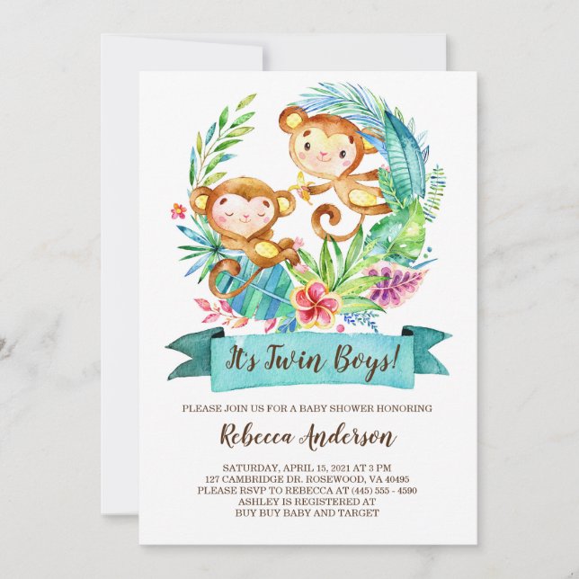 Invitation Baby shower des jumeaux de singes tropicaux (Devant)