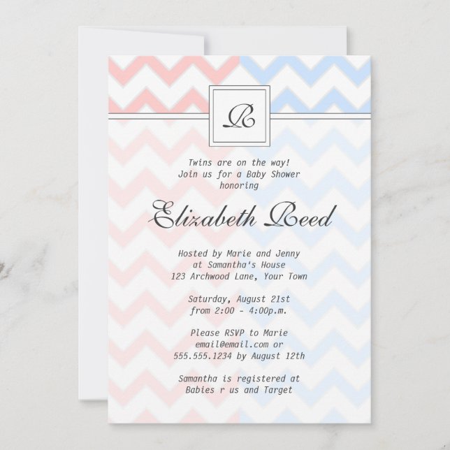 Invitation Baby shower des jumeaux monogrammes Blue & Pink Ch (Devant)