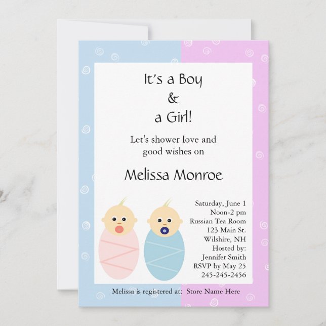 Invitation Baby shower des jumeaux roses et bleus (Devant)