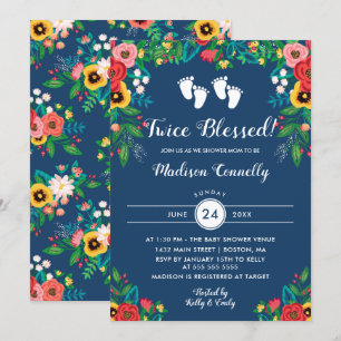 Invitation Baby shower des Jumelles de fleurs folkloriques de