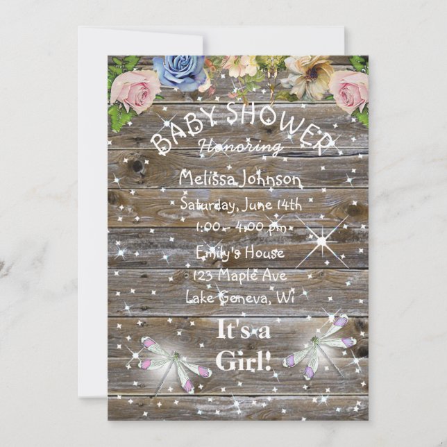 Invitation Baby shower des libellules, des fleurs et des étin (Devant)