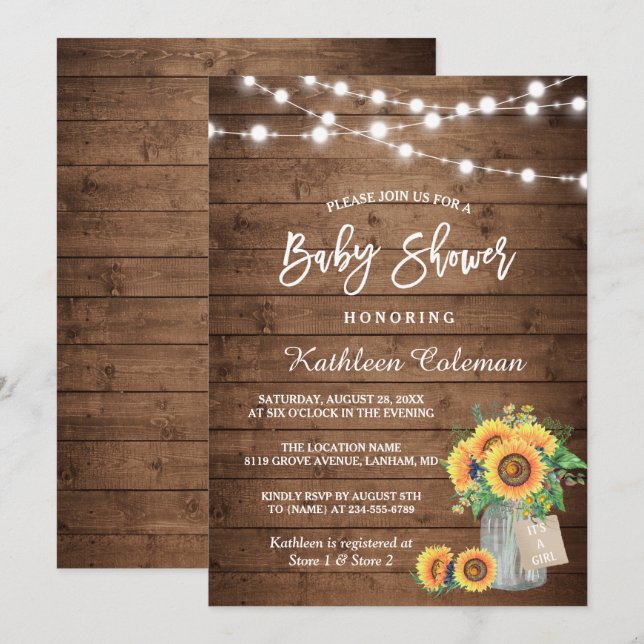 Invitation Baby shower des lumières de pot de tournesol rusti (Devant / Derrière)