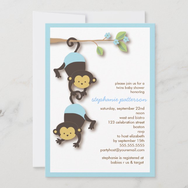 Invitation Baby shower des Monkey Twin Boys (Devant)