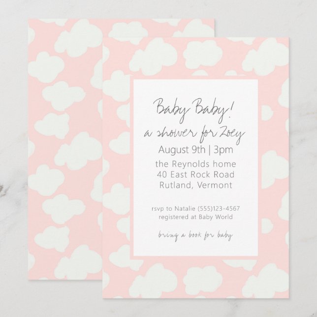 Invitation Baby shower des nuages roses (Devant / Derrière)