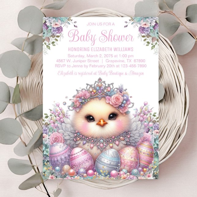 Invitation Baby shower des oeufs de Pâques de poulets sucrés (Sweet baby chick with pretty pastel jewels & eggs. )
