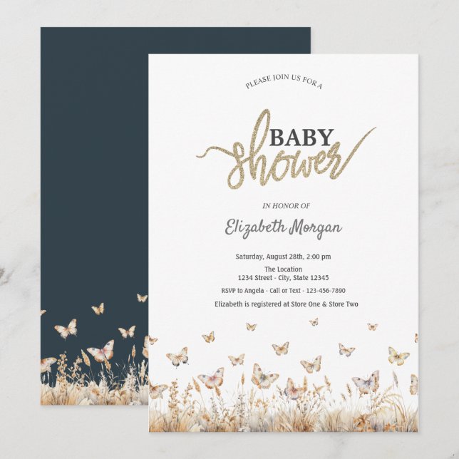 Invitation Baby shower des papillons de prairie aquarelle (Devant / Derrière)