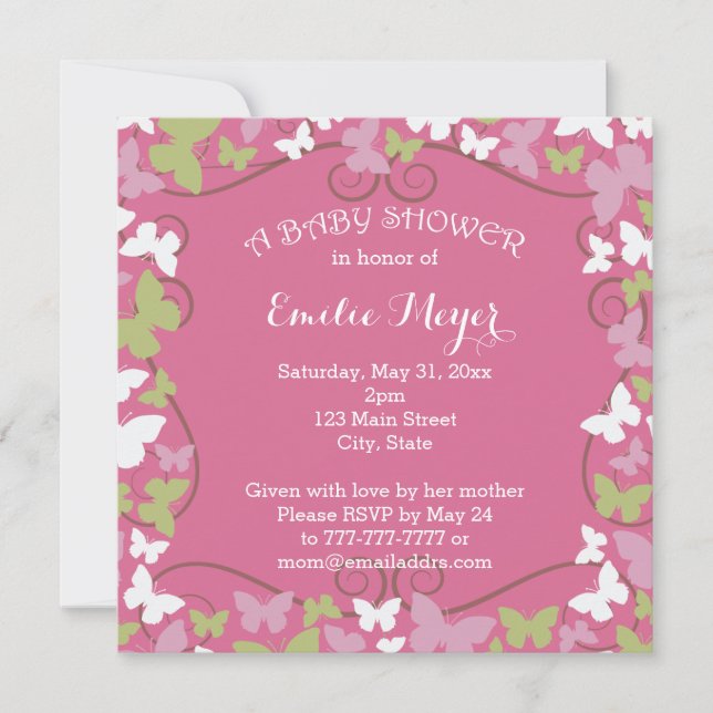Invitation Baby shower des papillons verts roses (Devant)