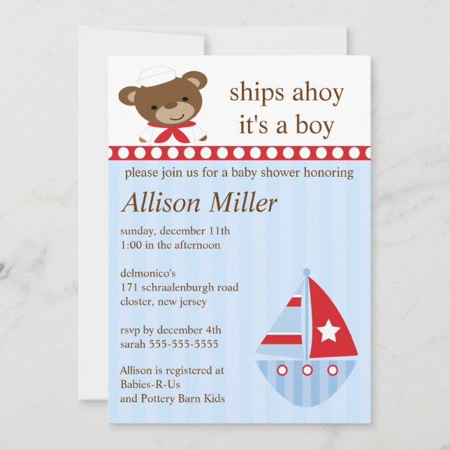 Invitation Baby shower des petits bateaux Ahoy Sailboat Boy (Devant)
