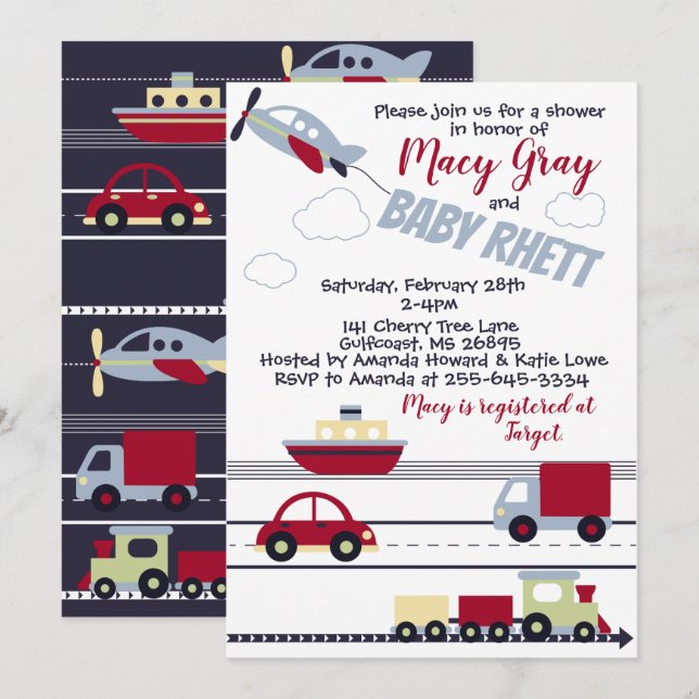 Invitation Baby shower des plans, des trains et de (Devant / Derrière)