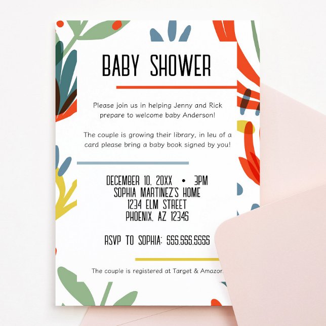 Invitation Baby shower des plantes vives (bright and colorful botanical floral baby shower invitation green, yellow, blue, red flowers)