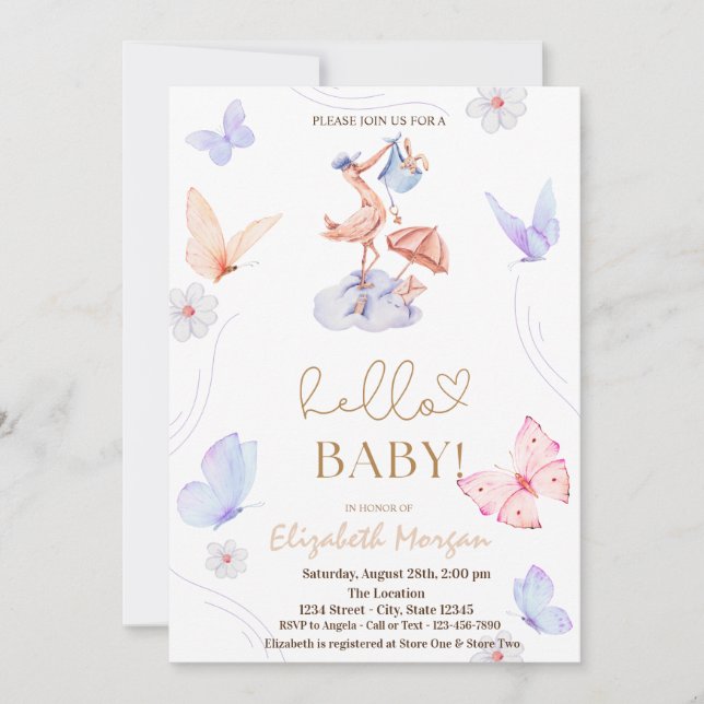 Invitation Baby shower des points papillon de la cigogne d'aq (Devant)