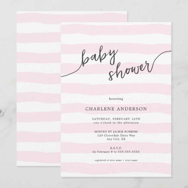 Invitation Baby shower des rayures roses tombées (Devant / Derrière)