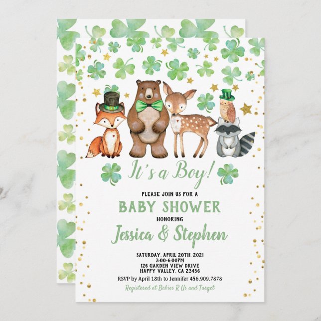 Invitation Baby shower des Shamrocks de la Saint Patrick (Devant / Derrière)