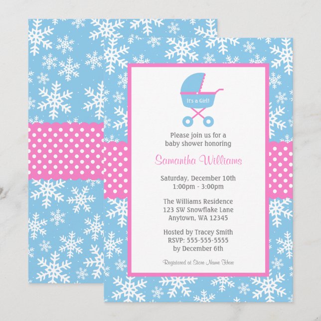 Invitation Baby shower des Snowflakes de transport rose et bl (Devant / Derrière)