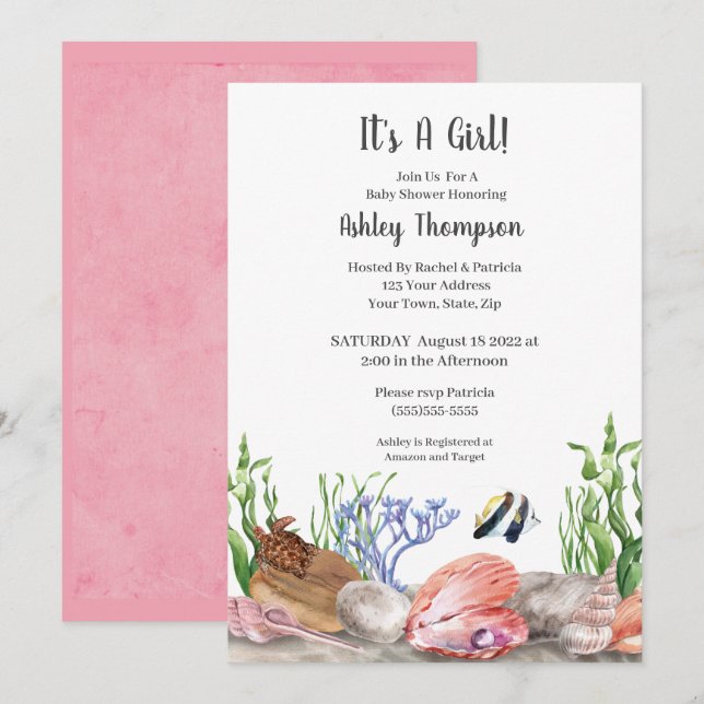 Invitation Baby shower des tortues de mer (Devant / Derrière)