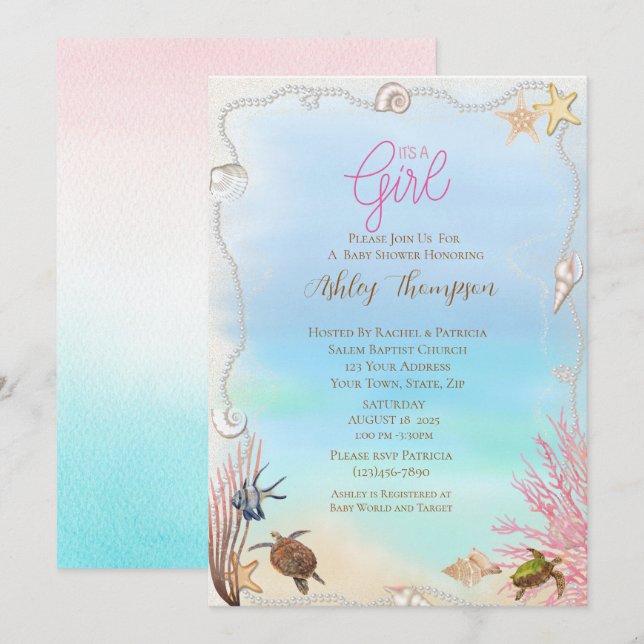 Invitation Baby shower des tortues de mer (Devant / Derrière)