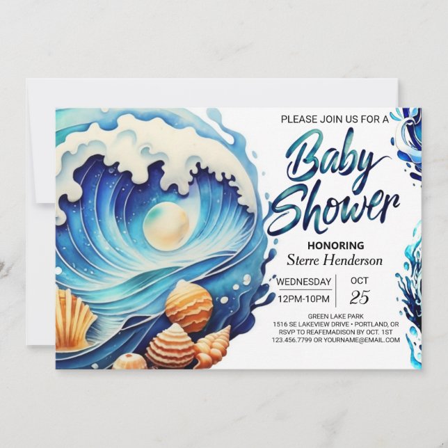 Invitation Baby shower des vagues nautiques modernes (Devant)