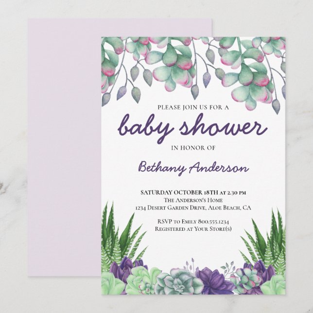 Invitation Baby shower Desert Garden Succulents Aquarelle (Devant / Derrière)