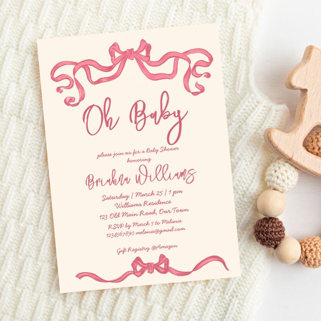 Invitation Baby shower d'esquisse à ruban rose (Pink ribbon bow scribble sketch handwritten baby shower invitation template digital download vintage)