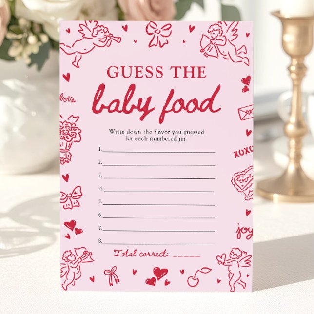 Invitation Baby-Shower Dessin Main Rose Devinez la Nourriture (Pink Hand Drawn Baby Shower Guess The Baby Food Game)