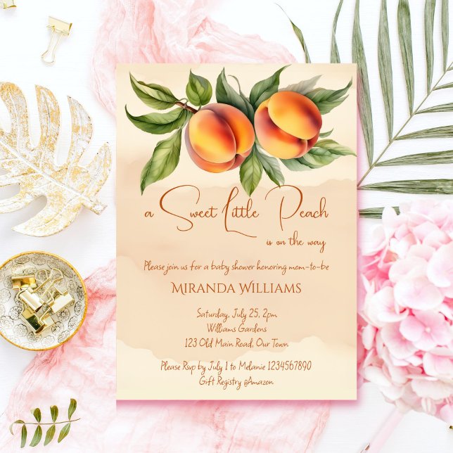 Invitation Baby shower d'été doux petit pêche printemps (Sweet little peach spring summer garden baby shower invitation template digital download orange)
