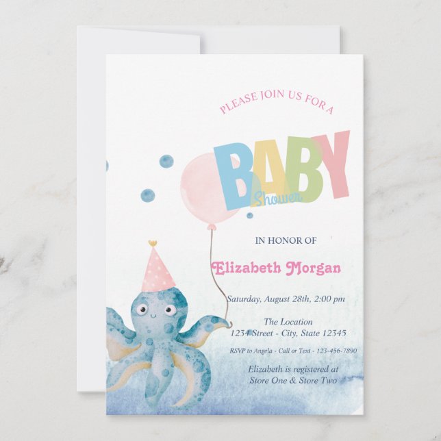 Invitation Baby shower d'été du ballon d'octopus d'aquarelle (Devant)
