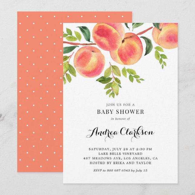 Invitation Baby shower d'été pour les pêches à l'aquarelle (Devant / Derrière)