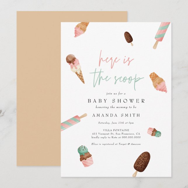 Invitation Baby shower d'été rose crème glacée (Devant / Derrière)