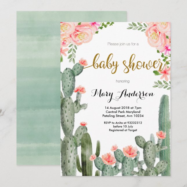Invitation Baby shower d'été Succulent Floral de Pêche (Devant / Derrière)