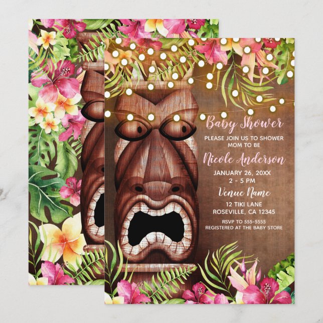 Invitation Baby shower d'été Tiki Luau en bois hawaïen (Devant / Derrière)