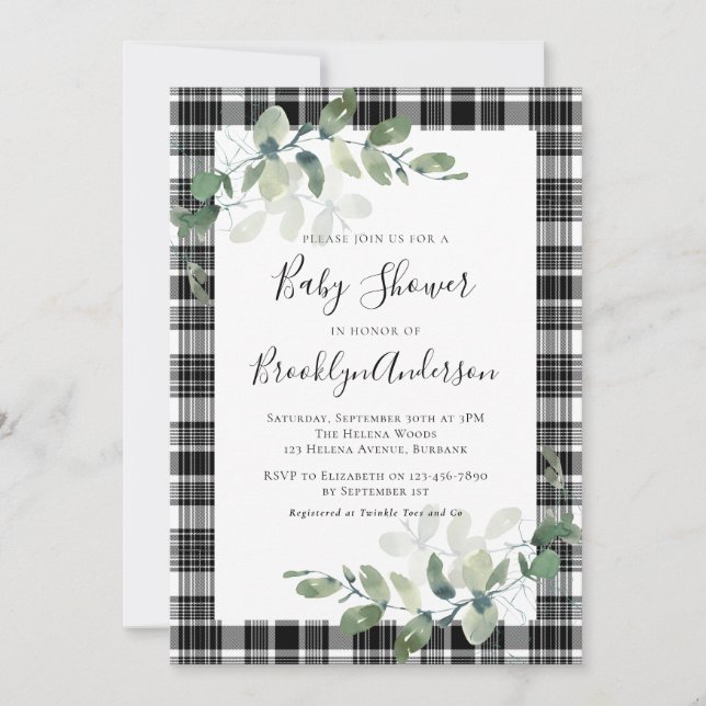 Invitation Baby shower d'Eucalyptus blanc noir (Devant)