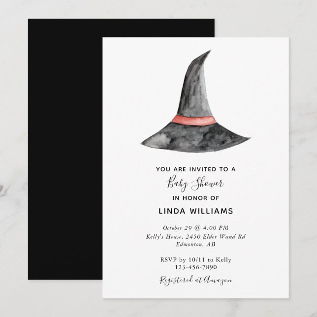 Invitation Baby shower d'Halloween Aquarelle sorcière Casquet (Devant / Derrière)
