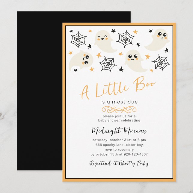 Invitation Baby shower d'Halloween Black Orange Little Boo (Devant / Derrière)