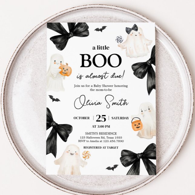 Invitation Baby shower d'Halloween de Ghost Little Boo (Black Bow Little Boo Halloween Baby Shower Invitation)