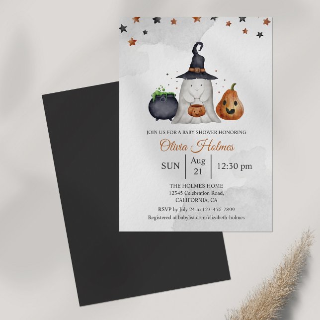 Invitation Baby shower d'Halloween Ghost (Halloween Baby Shower Invitation on grey table.)