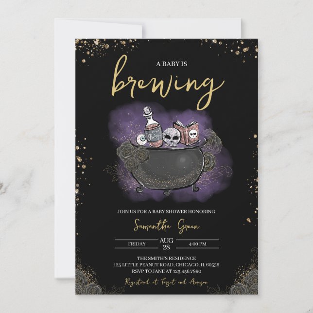 Invitation Baby shower d'Halloween gothique d'or pourpre (Devant)
