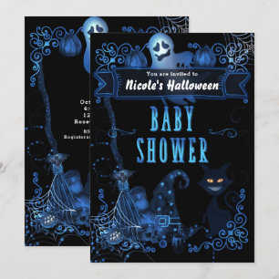 Invitation Baby shower d'Halloween magique Chat Bleu Lumières